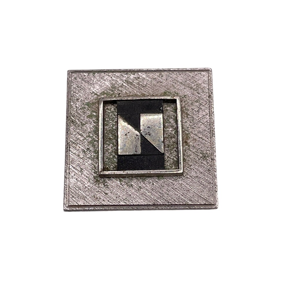 VTG Sterling Silver‎ 925 Two Tone Black Accent Brooch Pin Square Brushed Aged